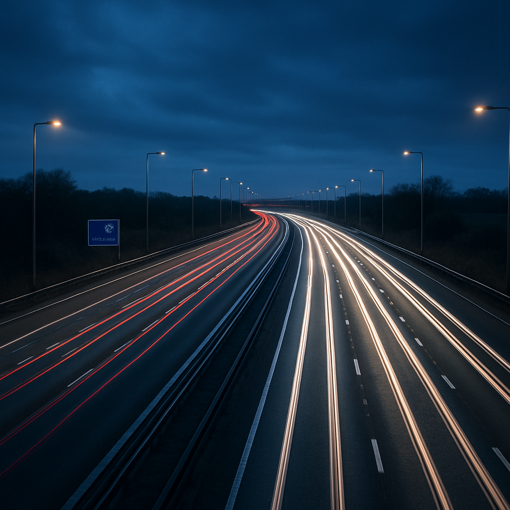 Cars travelling on a UK motorway at dusk